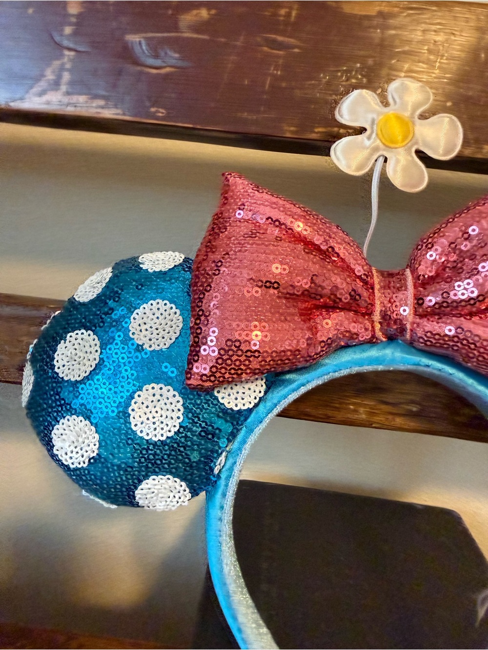 Disney Parks Minnie Mouse Ears Sequined Headband Blue Polka Dot Pink Bow Mickey - Picture 2 of 6
